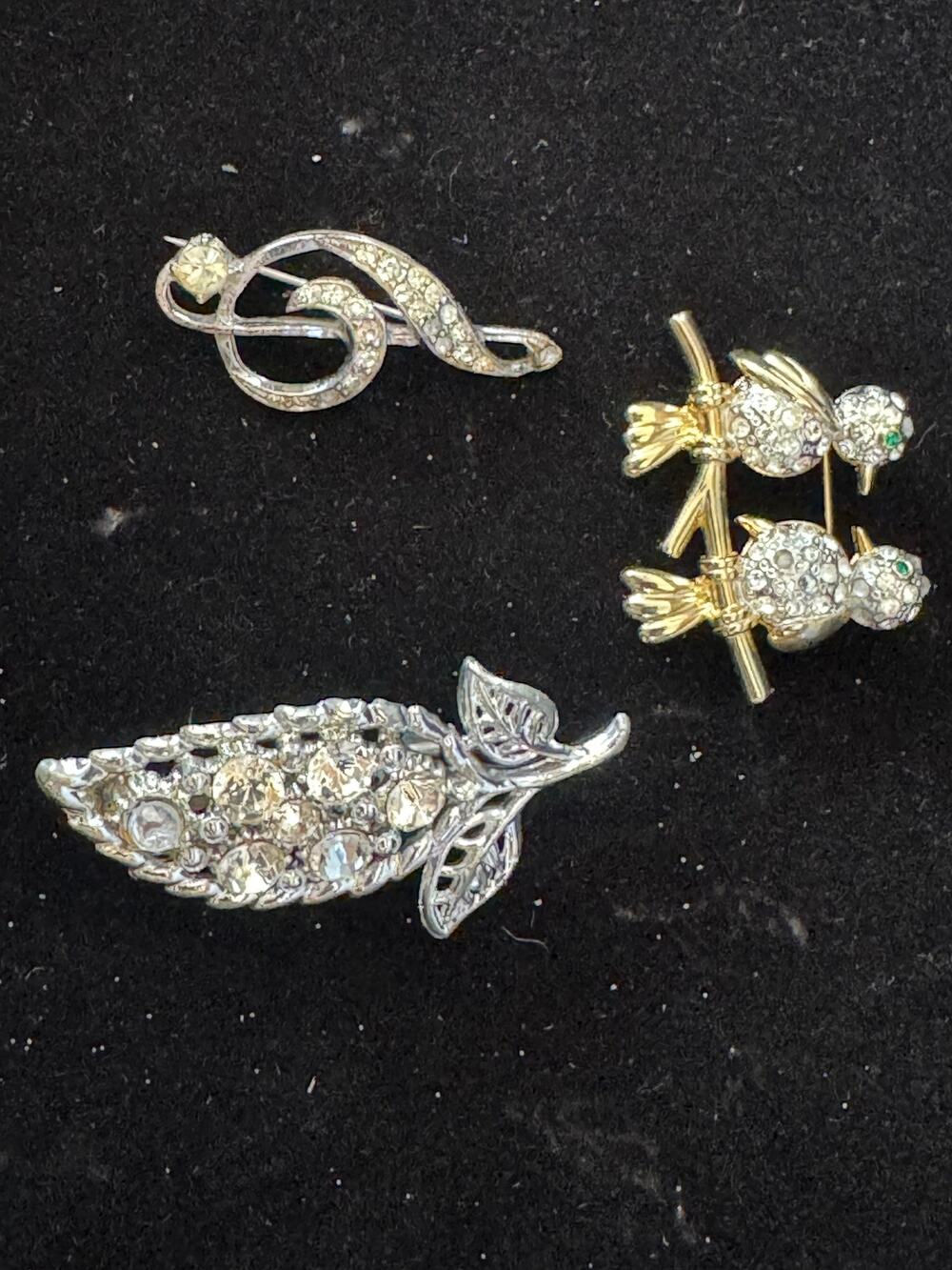 Brooches Lot of 3 Rhinestone Leaf Birds Music Note Pins Estate Find Vintage